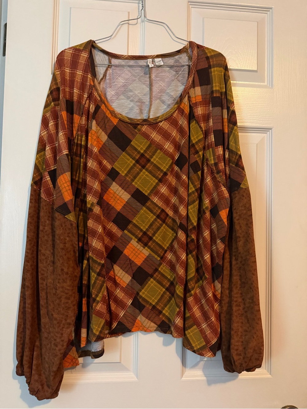 Cato Plaid Tunic Top in Brown, Orange & Green